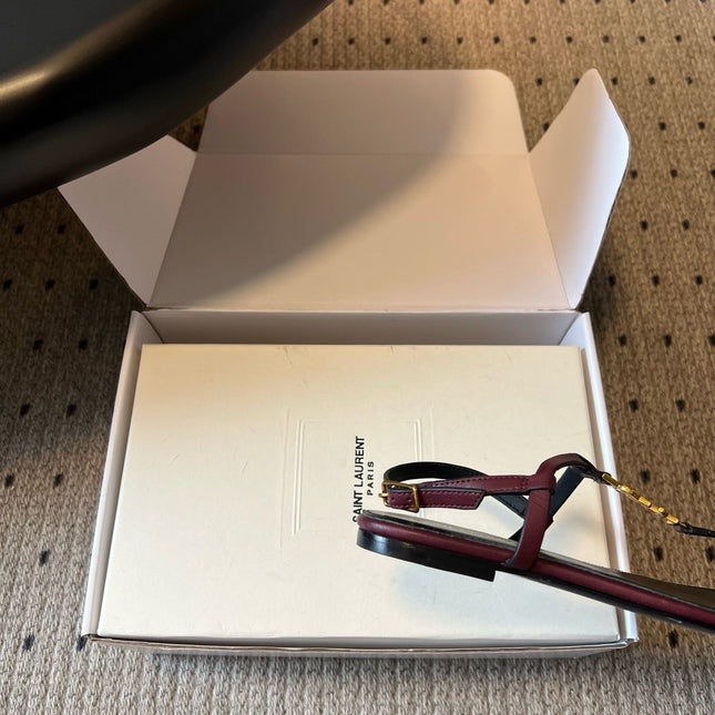 YSL 26S THONG SANDALS IN DARK RED CALFSKIN WITH GOLD HARDWARE