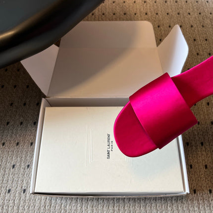 YSL 26S FLAT SLIDES IN DARK PINK SATIN