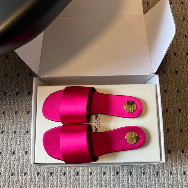 YSL 26S FLAT SLIDES IN DARK PINK SATIN