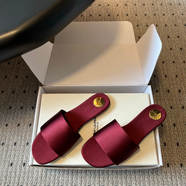 YSL 26S FLAT SLIDES IN DARK RED SATIN