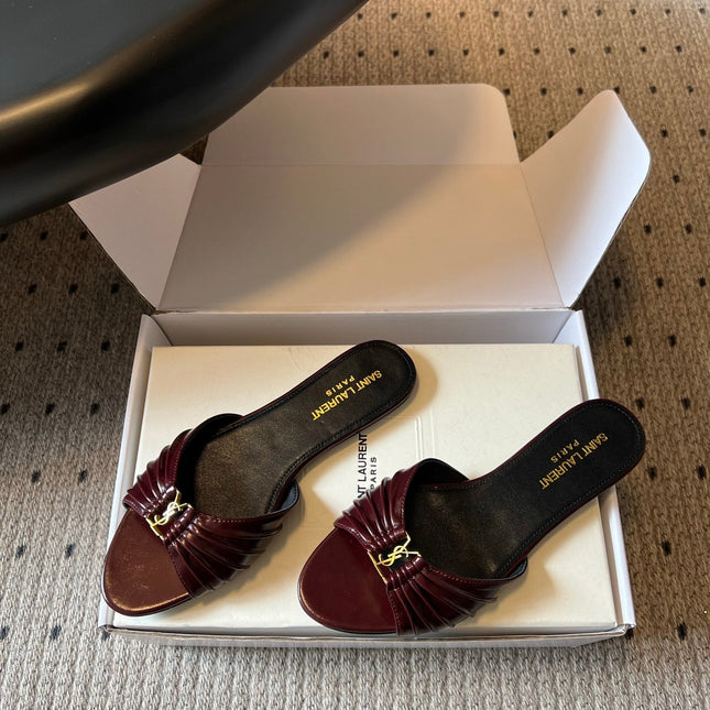 YSL 26S BABYLONE FLAT MULES IN DARK RED LAMBSKIN