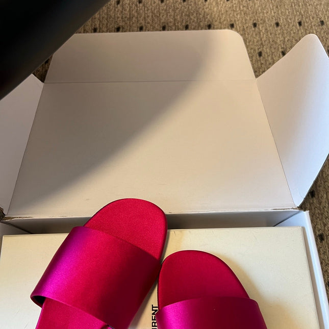 YSL 26S FLAT SLIDES IN DARK PINK SATIN