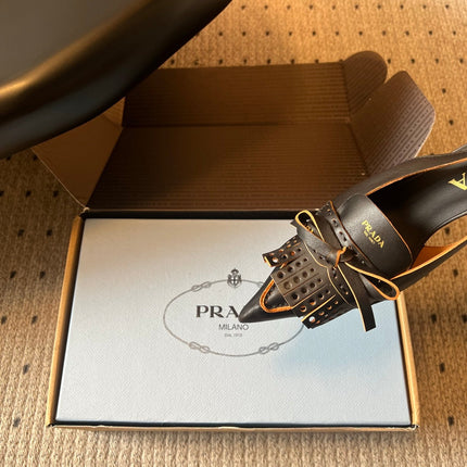 PRADA 26S POINTED TOE FRINGE BOW SLINGBACK PUMPS 85MM IN BLACK CALFSKIN