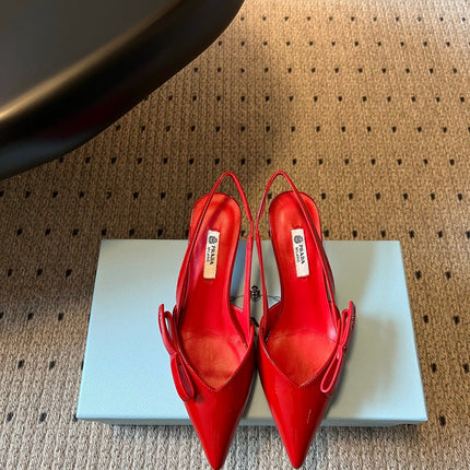 PRADA 26S BOW DETAIL SLINGBACK PUMPS 55MM IN RED PATENT CALFSKIN