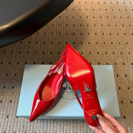 PRADA 26S POINTED TOE SLINGBACK HEELS 55MM IN RED PATENT CALFSKIN