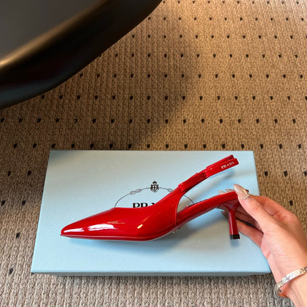 PRADA 26S POINTED TOE SLINGBACK HEELS 55MM IN RED PATENT CALFSKIN