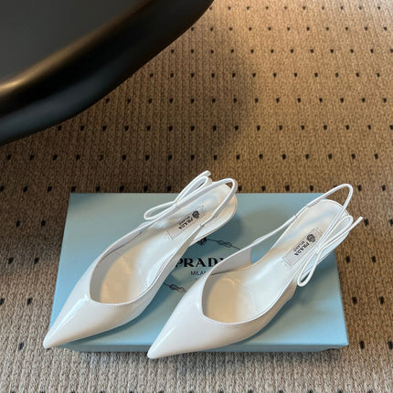 PRADA 26S POINTED TOE SLINGBACK HEELS 55MM IN WHITE PATENT CALFSKIN