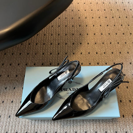 PRADA 26S POINTED TOE SLINGBACK HEELS 75MM IN BLACK PATENT CALFSKIN