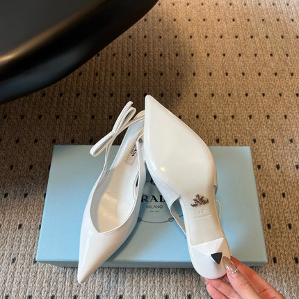 PRADA 26S POINTED TOE SLINGBACK HEELS 75MM IN WHITE PATENT CALFSKIN