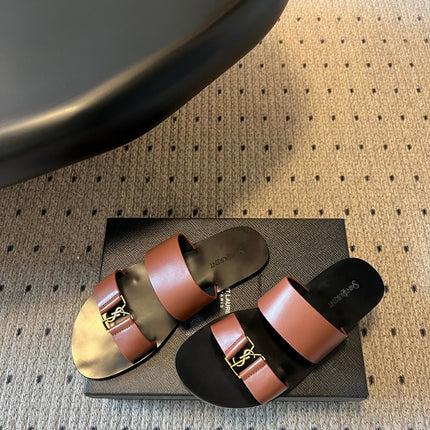 YSL 26S DOUBLE-STRAP SANDALS IN BROWN CALFSKIN