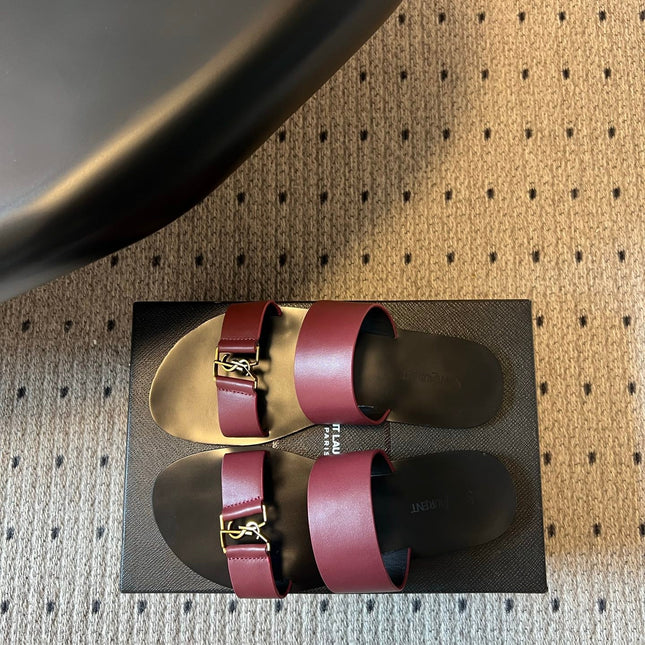 YSL 26S DOUBLE-STRAP SANDALS IN DARK RED CALFSKIN