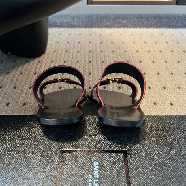 YSL 26S DOUBLE-STRAP SANDALS IN DARK RED CALFSKIN