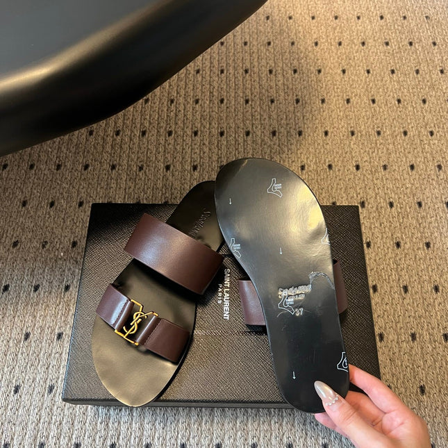 YSL 26S DOUBLE-STRAP SANDALS IN DARK BROWN CALFSKIN