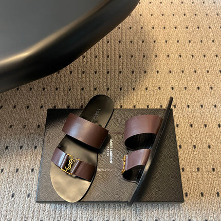 YSL 26S DOUBLE-STRAP SANDALS IN DARK BROWN CALFSKIN