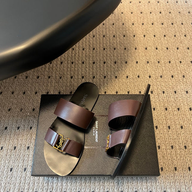 YSL 26S DOUBLE-STRAP SANDALS IN DARK BROWN CALFSKIN
