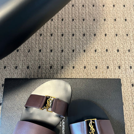 YSL 26S DOUBLE-STRAP SANDALS IN DARK BROWN CALFSKIN