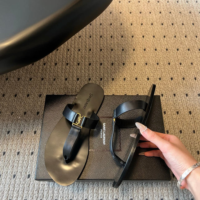 YSL 26S THONG SANDALS IN BLACK CALFSKIN