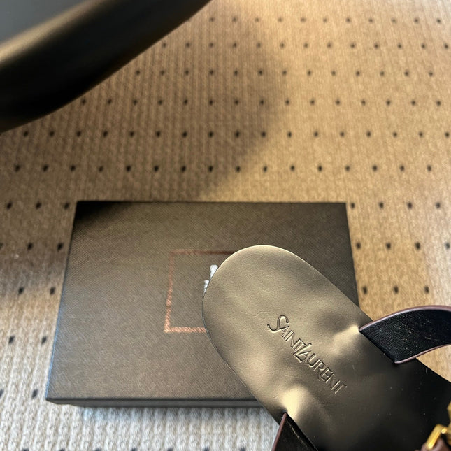 YSL 26S THONG SANDALS IN ESPRESSO BROWN AND BLACK SHINY CALFSKIN