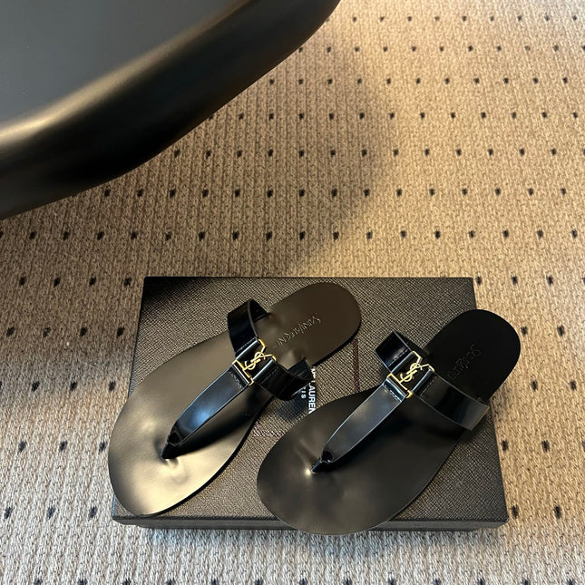 YSL 26S THONG SANDALS IN BLACK SHINY CALFSKIN