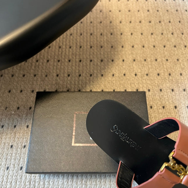 YSL 26S THONG SANDALS IN BROWN AND BLACK SHINY CALFSKIN