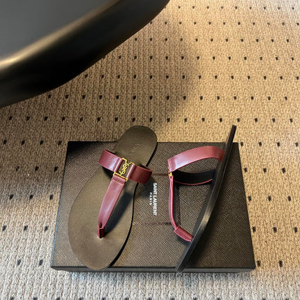 YSL 26S THONG SANDALS IN DARK RED AND BLACK SHINY CALFSKIN