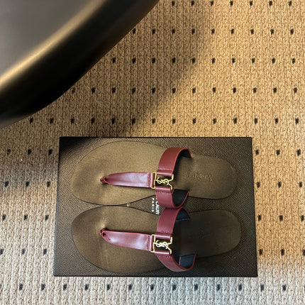 YSL 26S THONG SANDALS IN DARK RED AND BLACK SHINY CALFSKIN
