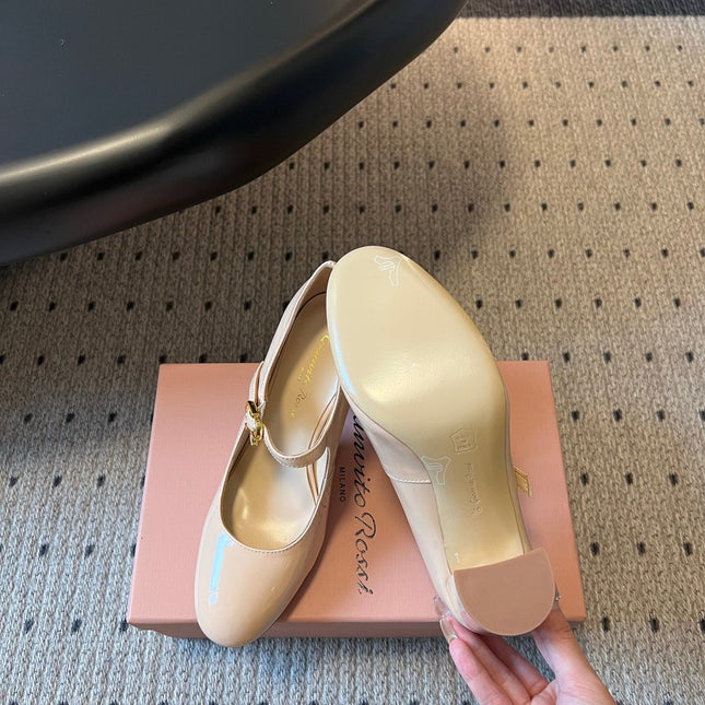 GIANVITO ROSSI 26S MARY JANE HEELS 85 MM IN BEIGE PATENT CALFSKIN
