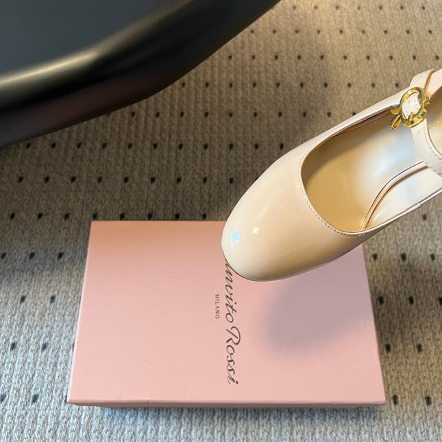 GIANVITO ROSSI 26S MARY JANE HEELS 85 MM IN BEIGE PATENT CALFSKIN