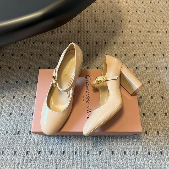 GIANVITO ROSSI 26S MARY JANE HEELS 85 MM IN BEIGE PATENT CALFSKIN