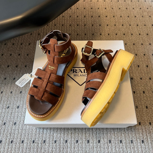 PRADA 26S GLADIATOR SANDALS 55MM IN BROWN SUEDE