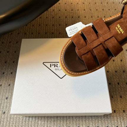 PRADA 26S GLADIATOR SANDALS 55MM IN BROWN SUEDE