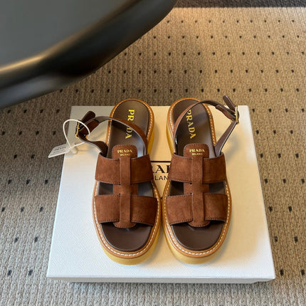 PRADA 26S PLATFORM SANDALS 55MM IN BROWN SUEDE