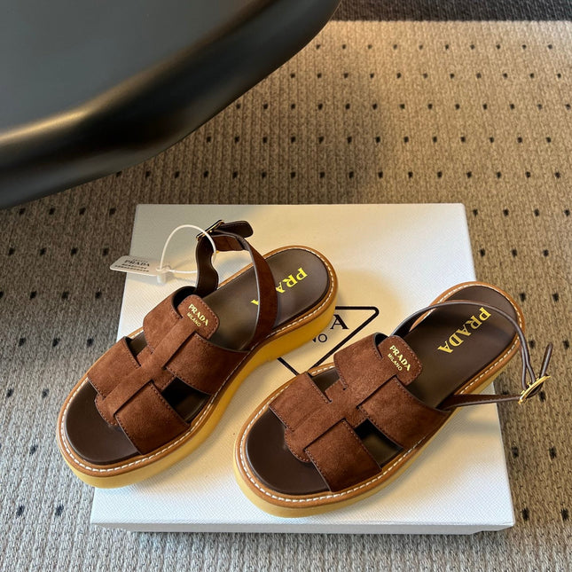 PRADA 26S PLATFORM SANDALS 55MM IN BROWN SUEDE