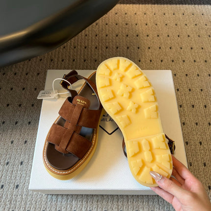 PRADA 26S PLATFORM SANDALS 55MM IN BROWN SUEDE
