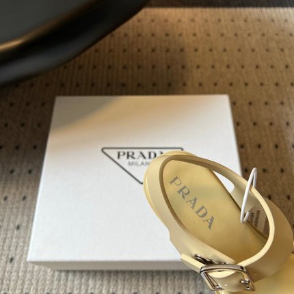 PRADA 26S BLOCK HEEL SANDALS 85MM IN BEIGE EVA FOAM