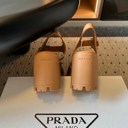 PRADA 26S BLOCK HEEL SANDALS 85MM IN CARAMEL BROWN EVA FOAM