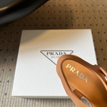 PRADA 26S BLOCK HEEL SANDALS 85MM IN CARAMEL BROWN EVA FOAM