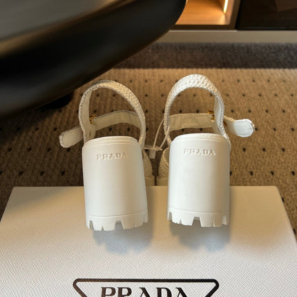 PRADA 26S BLOCK HEEL SANDALS 85MM IN WHITE RAFFIA AND CALFSKIN