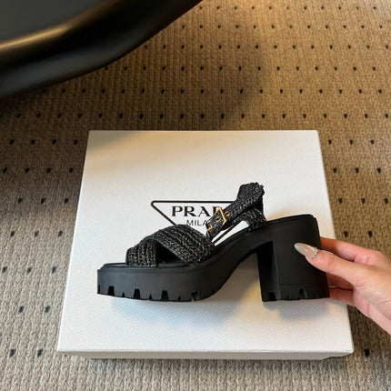 PRADA 26S BLOCK HEEL SANDALS 85MM IN BLACK RAFFIA AND CALFSKIN
