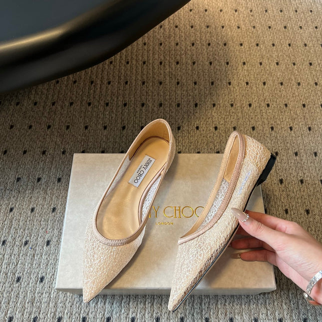 JIMMY CHOO 26S POINTED-TOE FLATS IN NUDE MESH