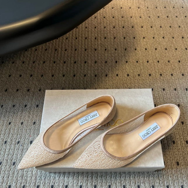 JIMMY CHOO 26S POINTED-TOE FLATS IN NUDE MESH