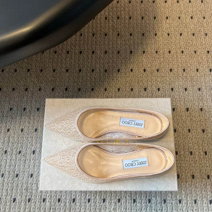 JIMMY CHOO 26S POINTED-TOE FLATS IN NUDE MESH