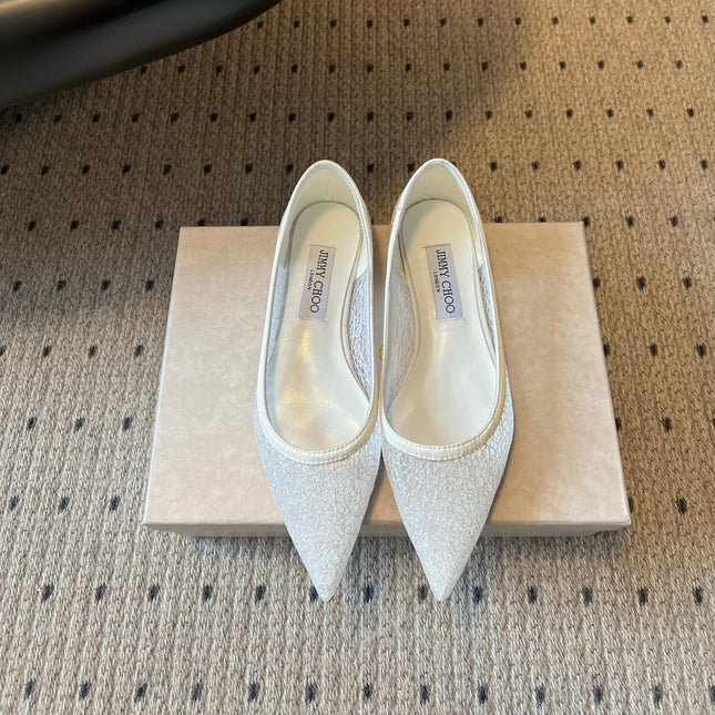 JIMMY CHOO 26S POINTED-TOE FLATS IN WHITE MESH