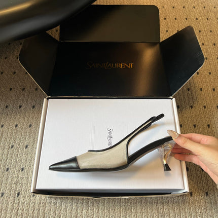 YSL 26S HEELED SLINGBACKS 60 MM IN BLACK LAMBSKIN AND BEIGE MESH