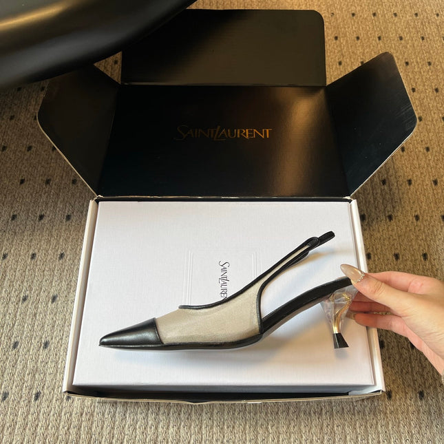 YSL 26S HEELED SLINGBACKS 60 MM IN BLACK LAMBSKIN AND BEIGE MESH