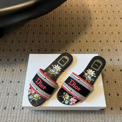 DIOR 26S SLIDES DWAY IN BLACK RED EMBROIDERED CANVAS WITH LOGO & FLORAL PRINT FOOTBED