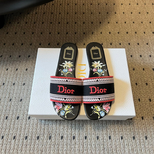 DIOR 26S SLIDES DWAY IN BLACK RED EMBROIDERED CANVAS WITH LOGO & FLORAL PRINT FOOTBED