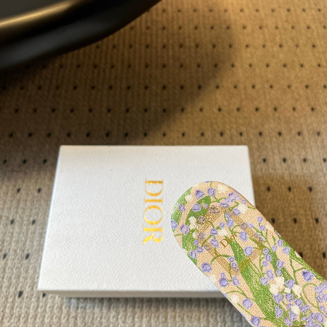 DIOR 26S SLIDES DWAY IN BEIGE GREEN EMBROIDERED CANVAS WITH LOGO & FLORAL PRINT FOOTBED