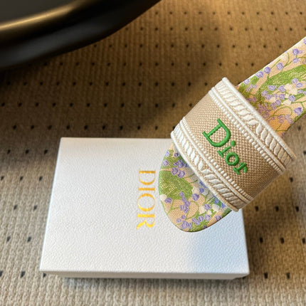 DIOR 26S SLIDES DWAY IN BEIGE GREEN EMBROIDERED CANVAS WITH LOGO & FLORAL PRINT FOOTBED
