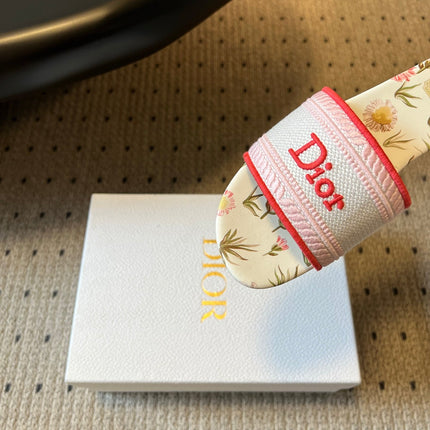 DIOR 26S SLIDES DWAY IN PINK RED EMBROIDERED CANVAS WITH LOGO & FLORAL PRINT FOOTBED
